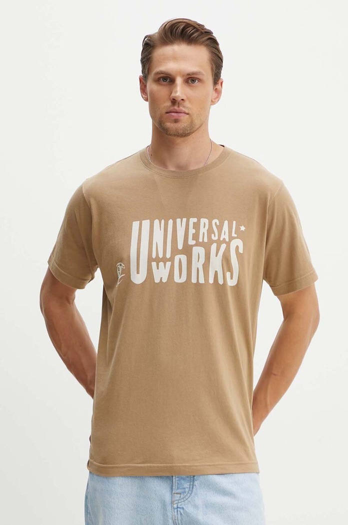 Bombažna kratka majica Universal Works Mystery Train Print Tee Potisk bež 29182
