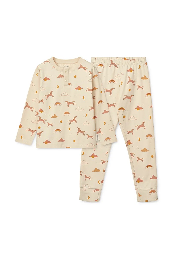 Liewood piżama bawełniana dziecięca Wilhelm Printed Pyjamas Set komplet beżowy LW19854
