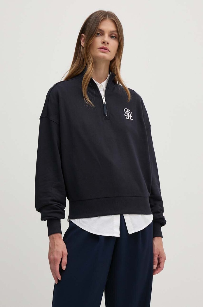 Bavlněná mikina Tommy Hilfiger bez kapuce námořnická modř WW0WW43337