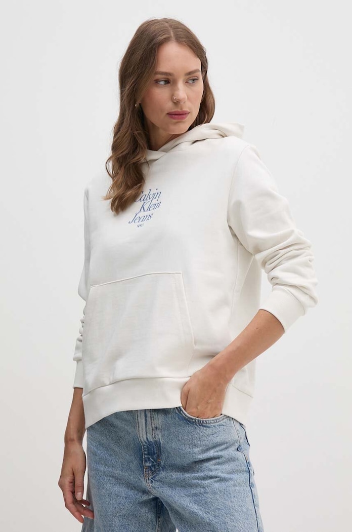 Calvin Klein Jeans bluza bawełniana z kapturem beżowy J20J224893