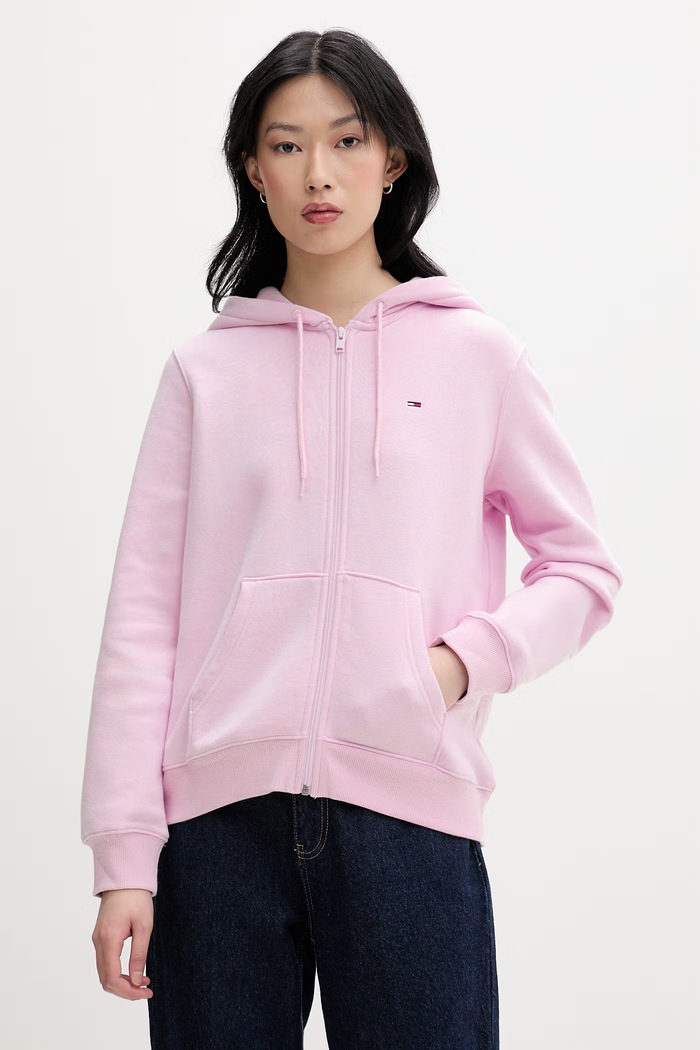 Tommy Jeans hanorac cu fermoar pentru femei cu bumbac roz DW0DW19729
