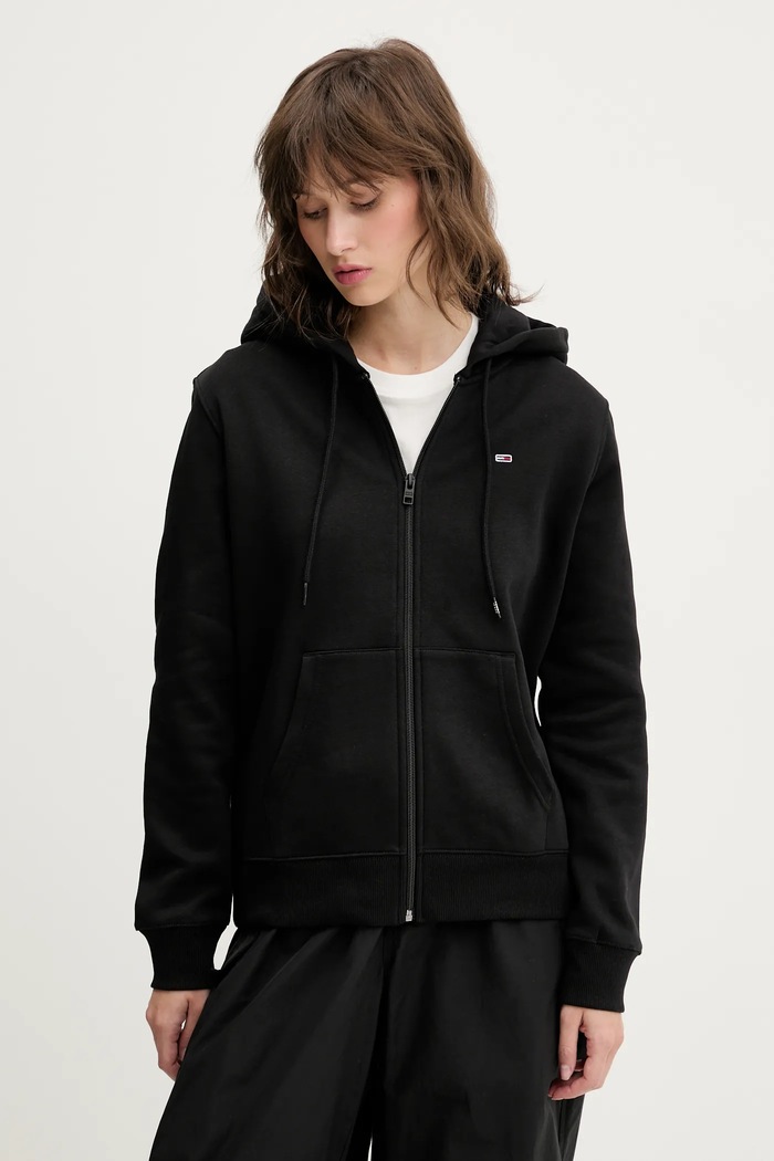 Tommy Jeans суичър с цип дамски с памук с качулка черен DW0DW19729