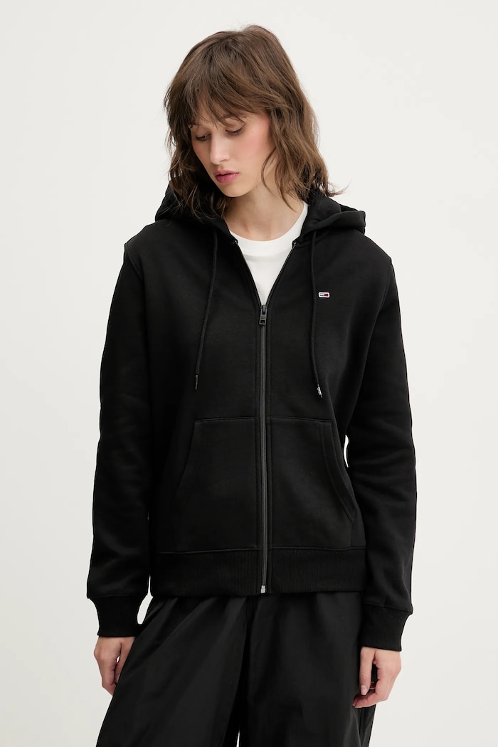 Tommy Jeans суичър с цип дамски с памук с качулка черен DW0DW19729