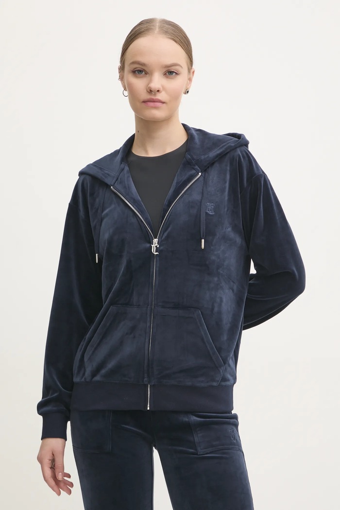 Velurová mikina Juicy Couture HALAN OVERSIZED HOODIE s kapucí námořnická modř JCWAS24342.131