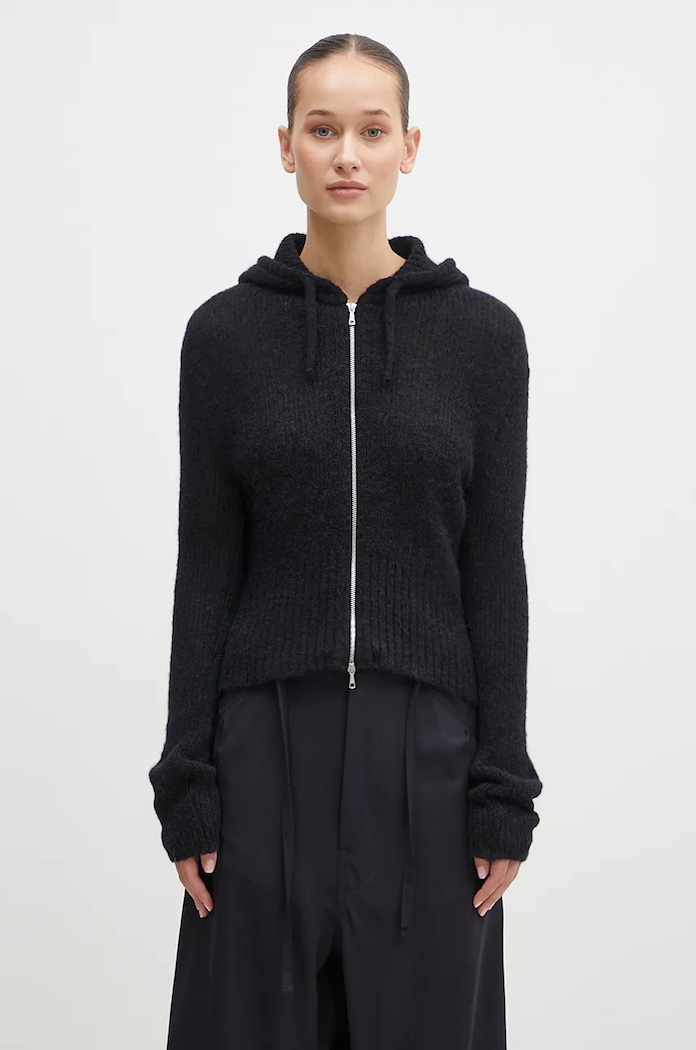 Vuneni kardigan Our Legacy Compact Hood bez uzorka crna W4243CB