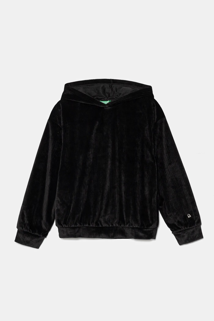 United Colors of Benetton bluza welurowa dziecięca z kapturem czarny 37JBC203V.G.Seasonal