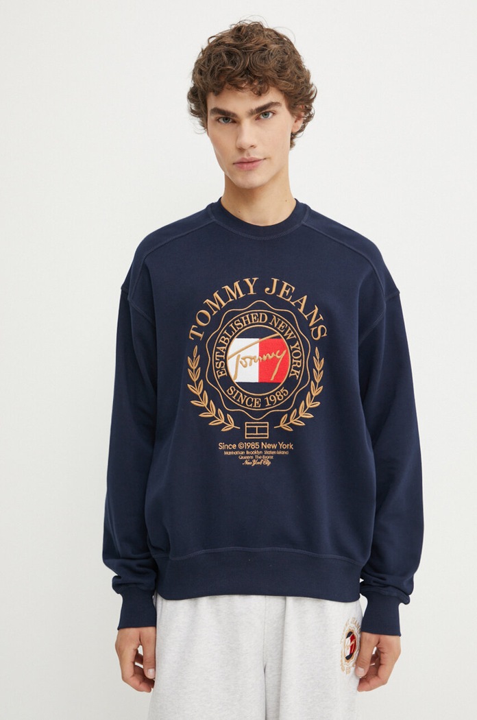 Bavlněná mikina Tommy Jeans bez kapuce námořnická modř DM0DM19243