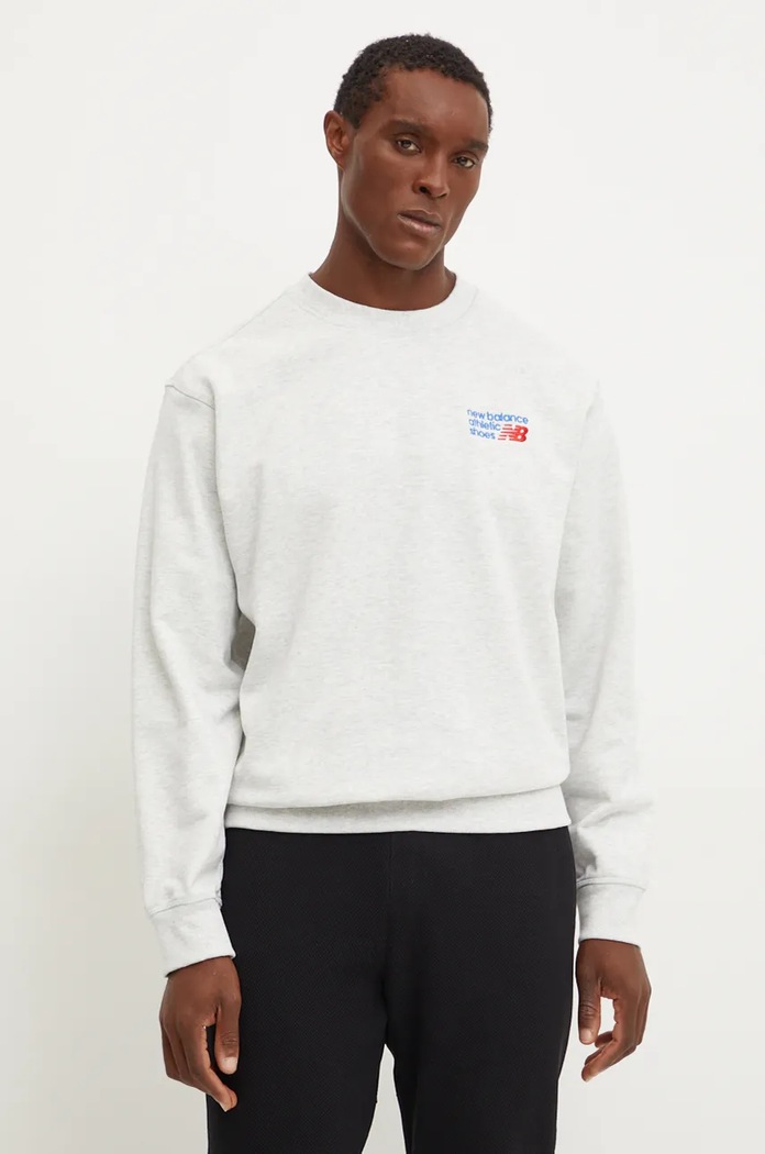 New Balance bluza bawełniana Athletics Premium Logo Crew szary MT41547AHH