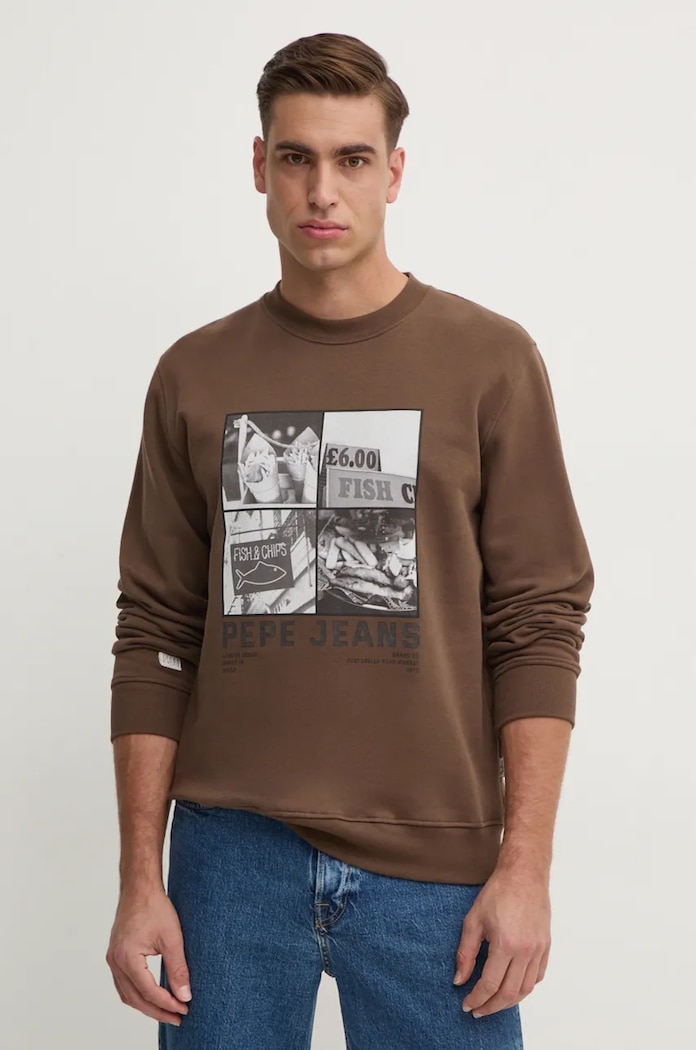 Памучен суичър Pepe Jeans AWEST CREW памук кафяв PM582730