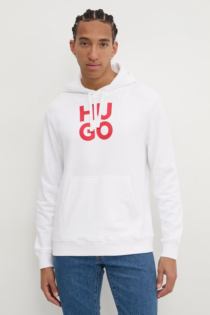 Bavlněná mikina HUGO s kapucí bílá 50523848
