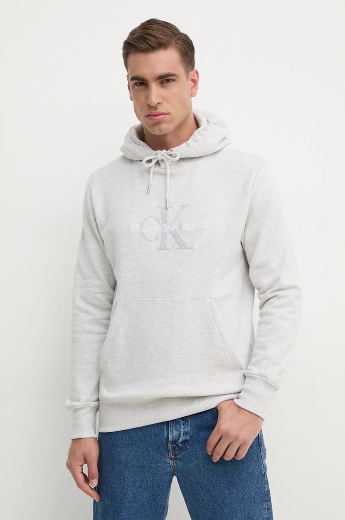 Bavlněná mikina Calvin Klein Jeans s kapucí šedá J30J326637