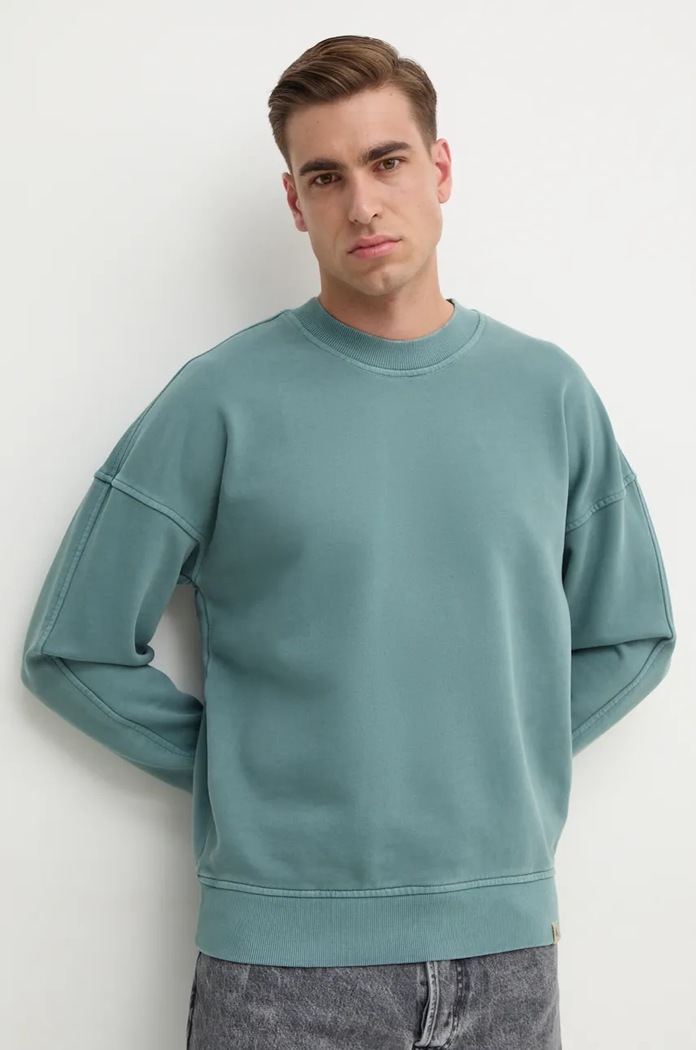 Bavlněná mikina Calvin Klein Jeans bez kapuce tyrkysová J30J326687