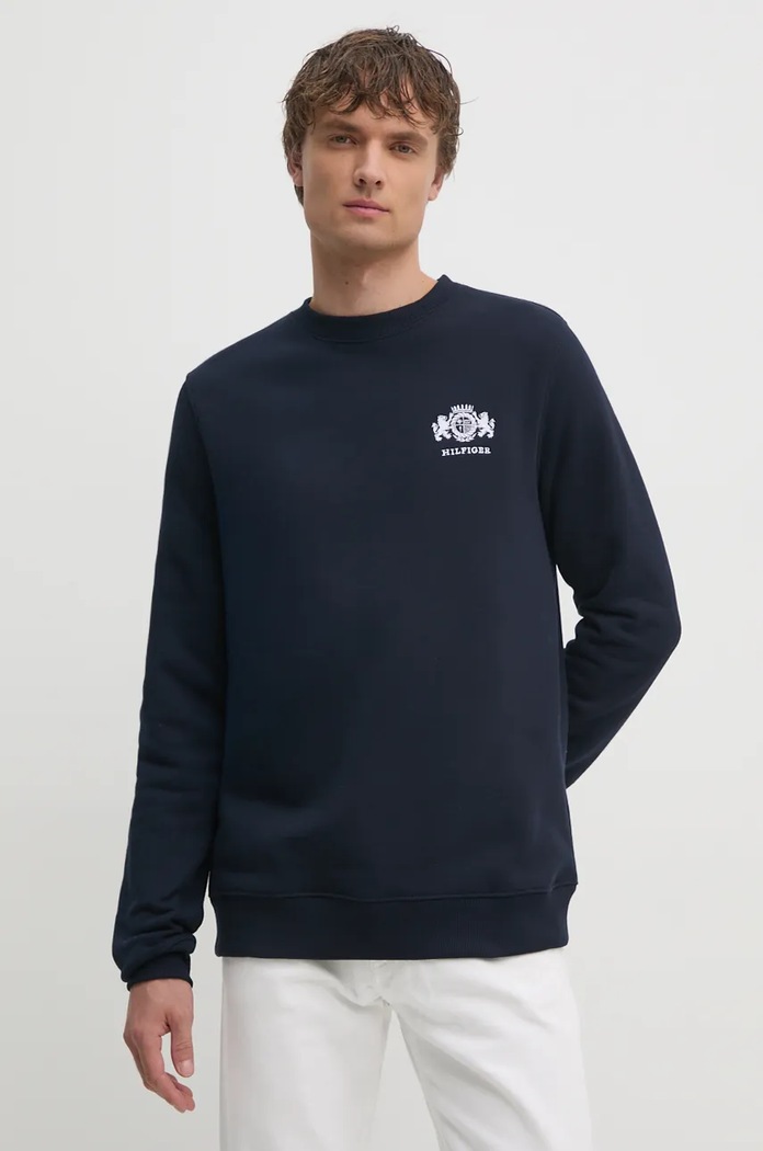 Bavlněná mikina Tommy Hilfiger bez kapuce námořnická modř MW0MW35528