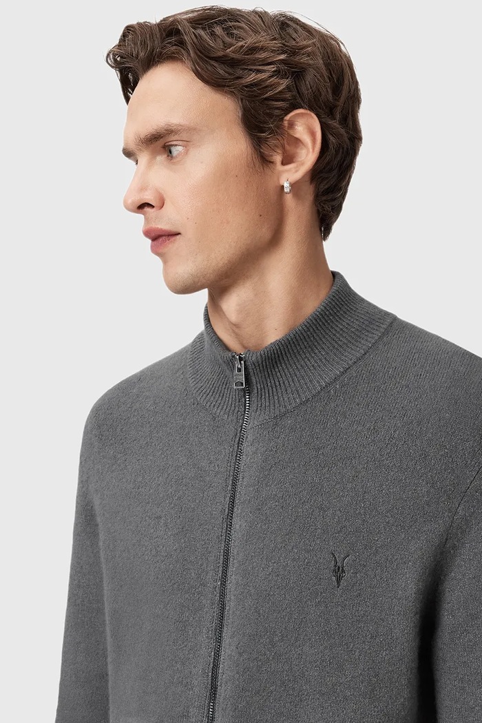 Kardigan s příměsí vlny AllSaints M073KB šedá AW25