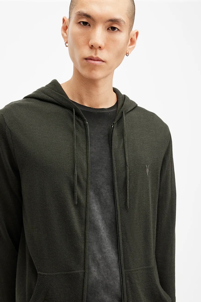 AllSaints bluza wełniana MODE MERINO ZIP HOOD M084KB zielony AA00