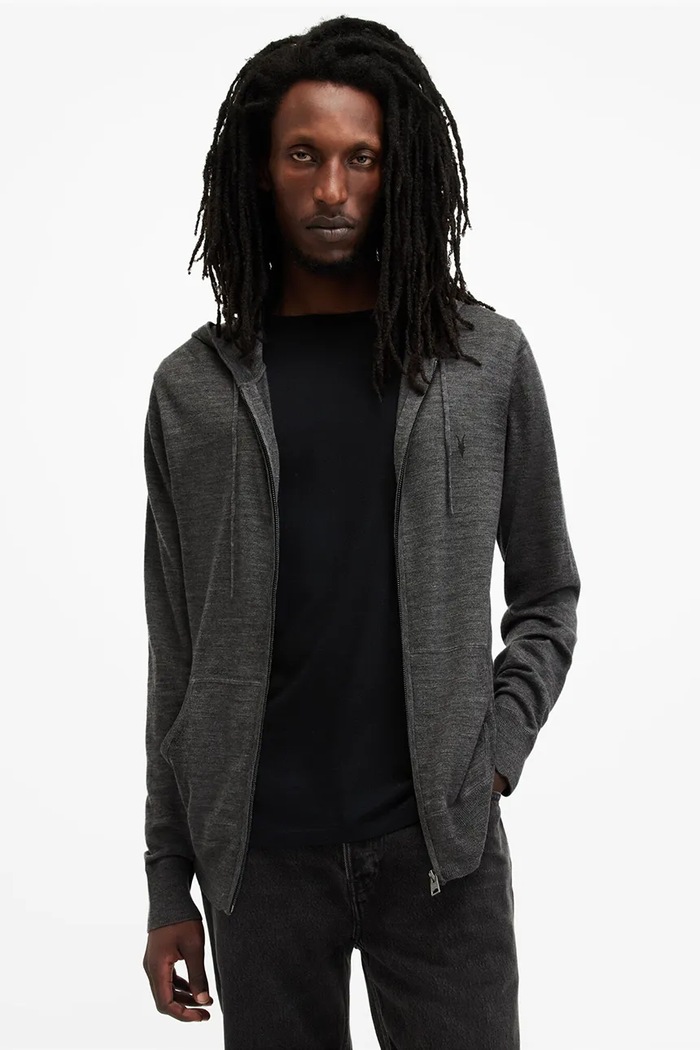 Vlněná mikina AllSaints MODE MERINO ZIP HOOD s kapucí šedá M084KB