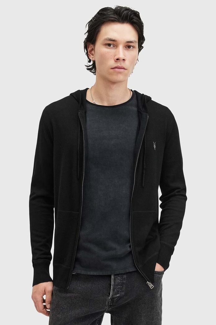 Vlněná mikina AllSaints MODE MERINO ZIP HOOD s kapucí černá M084KB