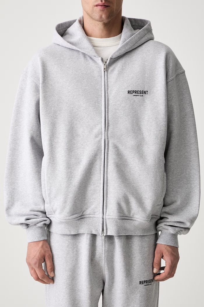 Represent Owners Club Zip Hoodie dukserica na zakopčavanje s kapuljačom od pamuka za muškarce siva OCM41122.158