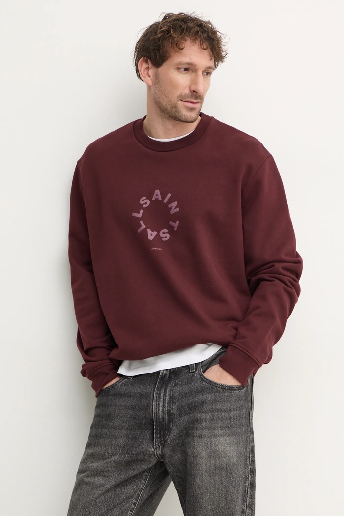 Bavlněná mikina AllSaints TIERRA CREW bez kapuce burgundské M035NB