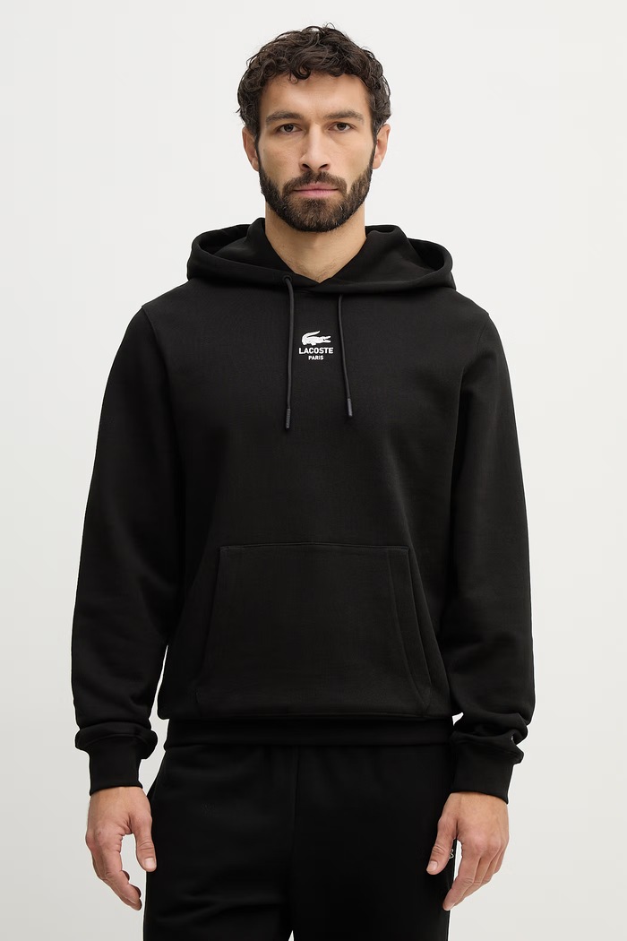 Lacoste pulover s kapuco bombažen črna SH2740