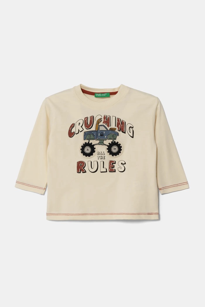United Colors of Benetton longsleeve bawełniany dziecięcy nadruk beżowy 3EG9G10GJ.P.Seasonal