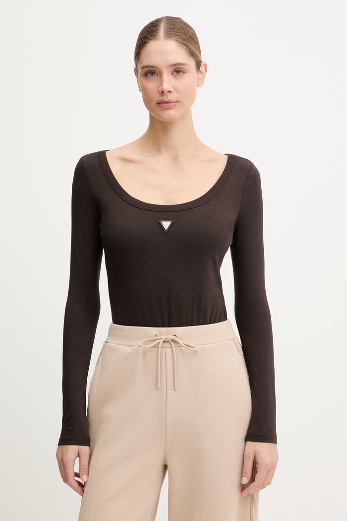 Guess body pentru femei din bumbac cu elastan COLETTE maro V4YP07.J1314
