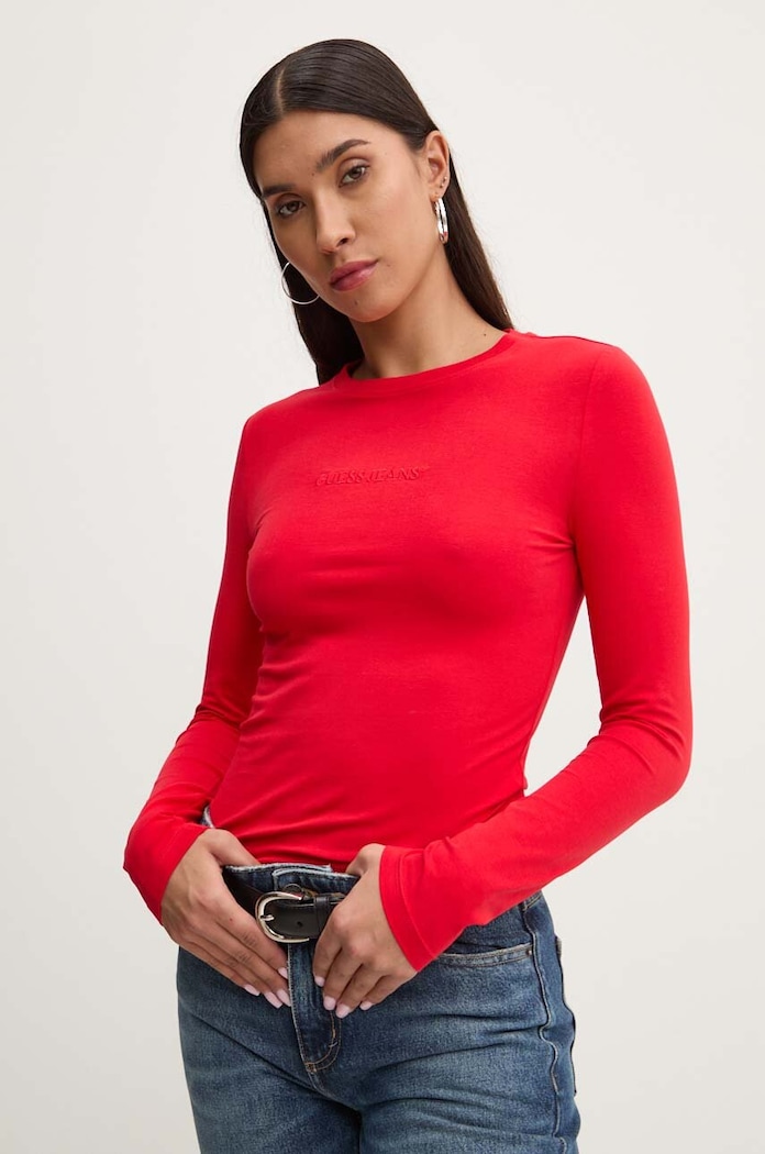 Longsleeve Guess Jeans με ελαστάν κόκκινο W4YI22.J1314