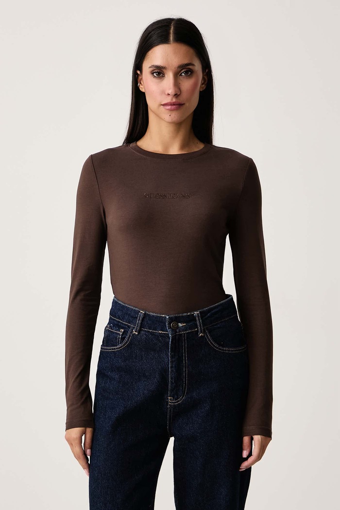 Guess Jeans Longsleeve damski bawełniany z elastanem brązowy W4YI22.J1314