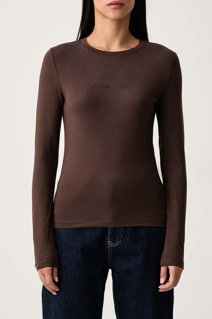 Longsleeve damski bawełniany z elastanem Guess Jeans W4YI22.J1314 brązowy