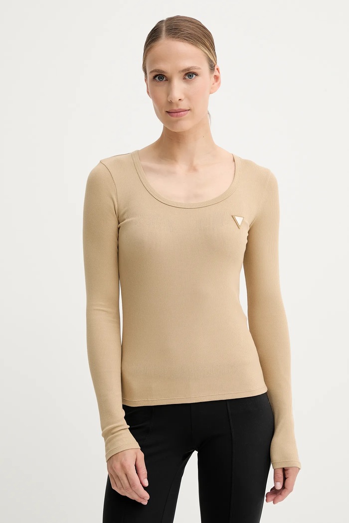 Guess longsleeve pentru femei cu bumbac bej V4BP07.K8RT2