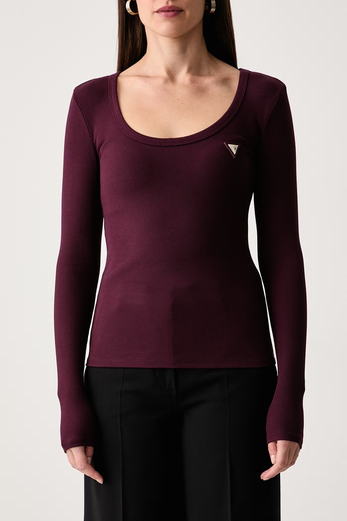 Odzież Guess Longsleeve damski z bawełną V4BP07.K8RT2 bordowy