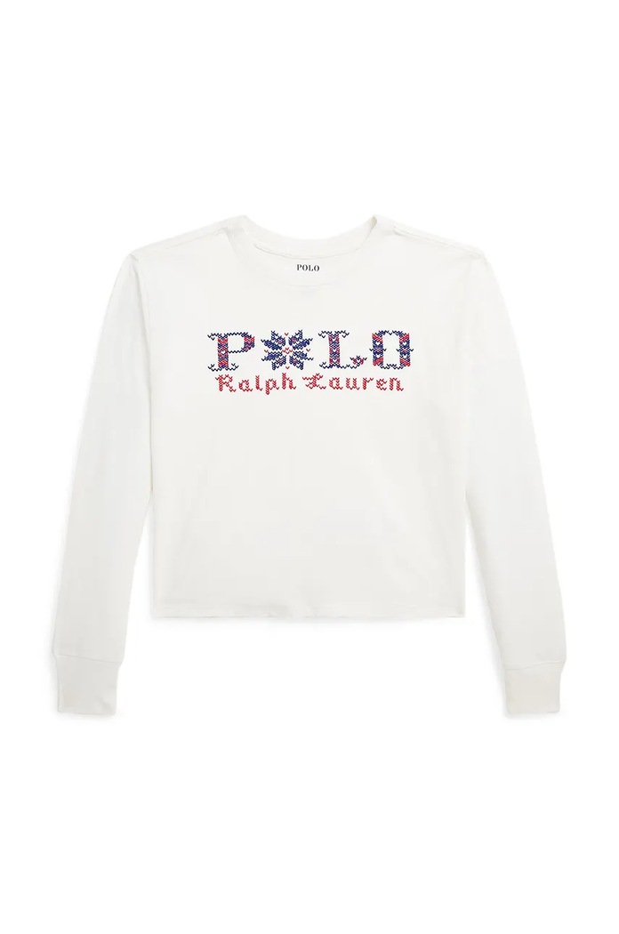 Otroška bombažna majica z dolgimi rokavi Polo Ralph Lauren Okrogel bela 313952100002