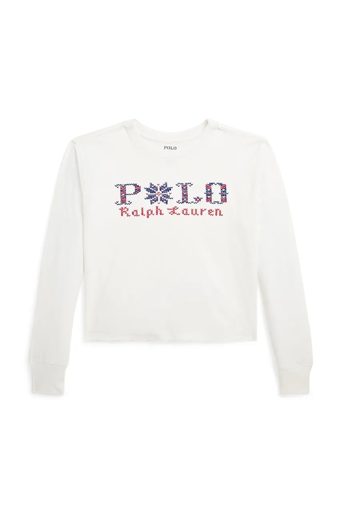 Otroška bombažna majica z dolgimi rokavi Polo Ralph Lauren Okrogel bela 313952100002