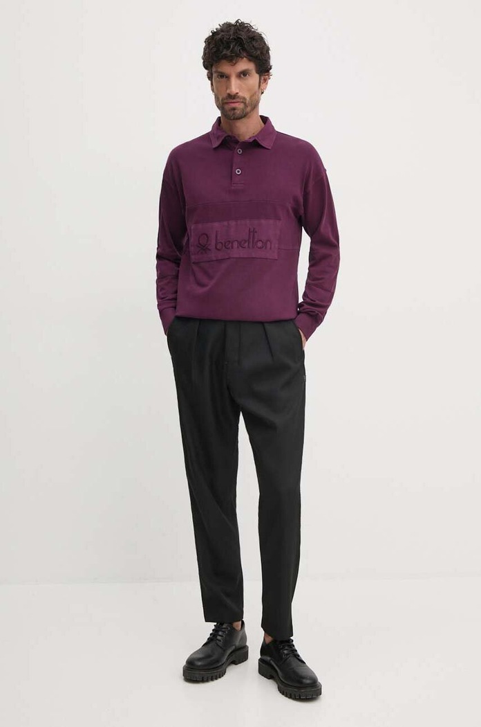 Bavlněné tričko s dlouhým rukávem United Colors of Benetton 3G9WU3020 fialová AW24