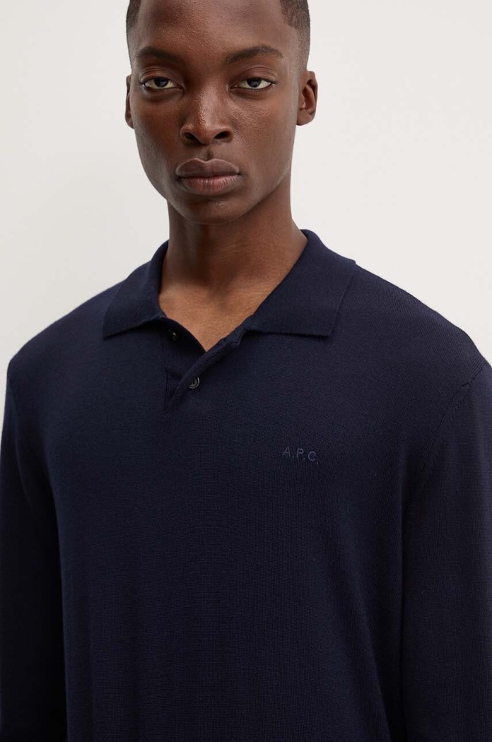 Vlnený sveter A.P.C. polo jacob logo tmavomodrá WVAWM.H23324
