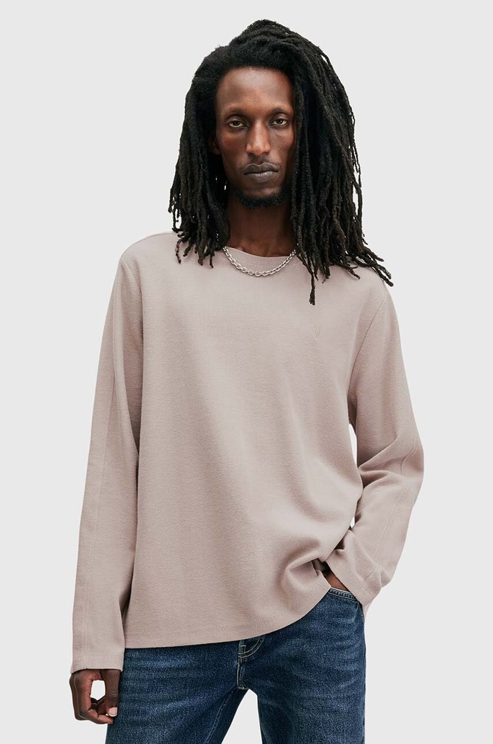Bavlněné tričko s dlouhým rukávem AllSaints ROWE hladký béžová M027JB