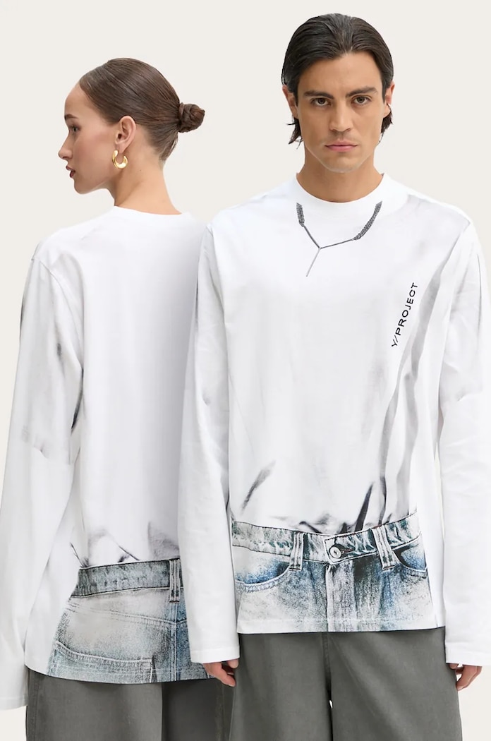 Y/Project Longsleeve din bumbac YP TROMPE L'OEIL LONG SLEEVE T-SHIRT alb 204TS021