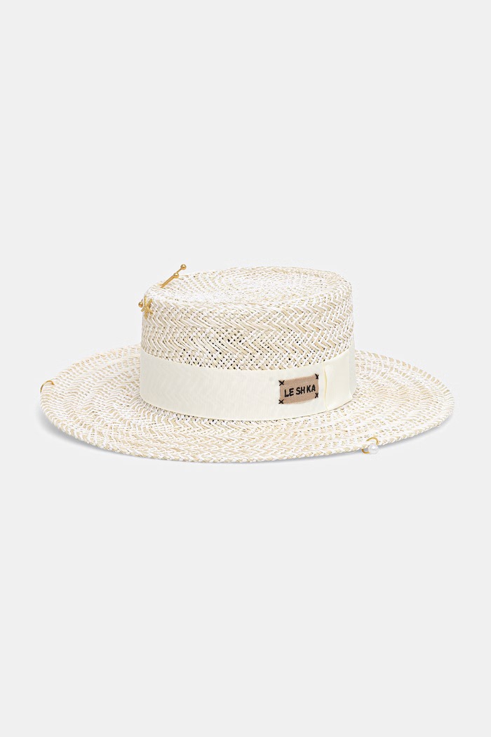 LE SH KA headwear сламена шапка дамска Double Chain Pearl Canotier щампа бежов DCPearlCanotier
