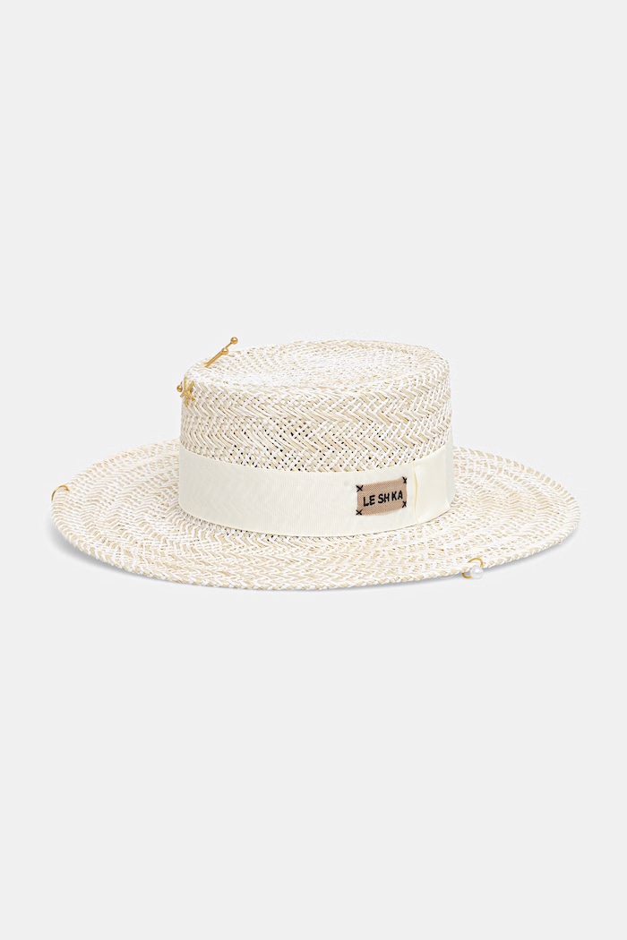 LE SH KA headwear сламена шапка дамска Double Chain Pearl Canotier щампа бежов DCPearlCanotier