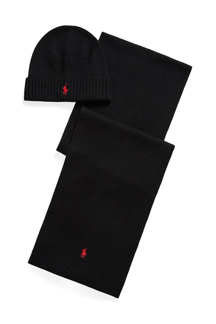 Polo Ralph Lauren Σκουφάκι και κασκόλ ανδρικό μάλλινο μαύρο 710951146
