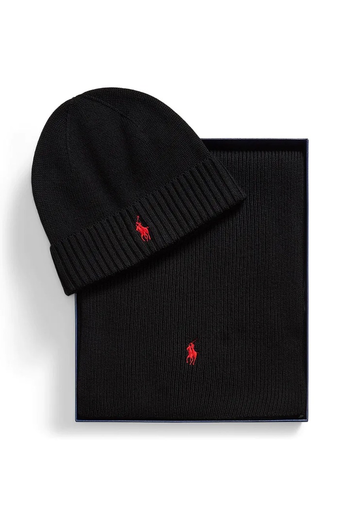 Polo Ralph Lauren Σκουφάκι και κασκόλ ανδρικό μάλλινο 710951146 μαύρο AW25