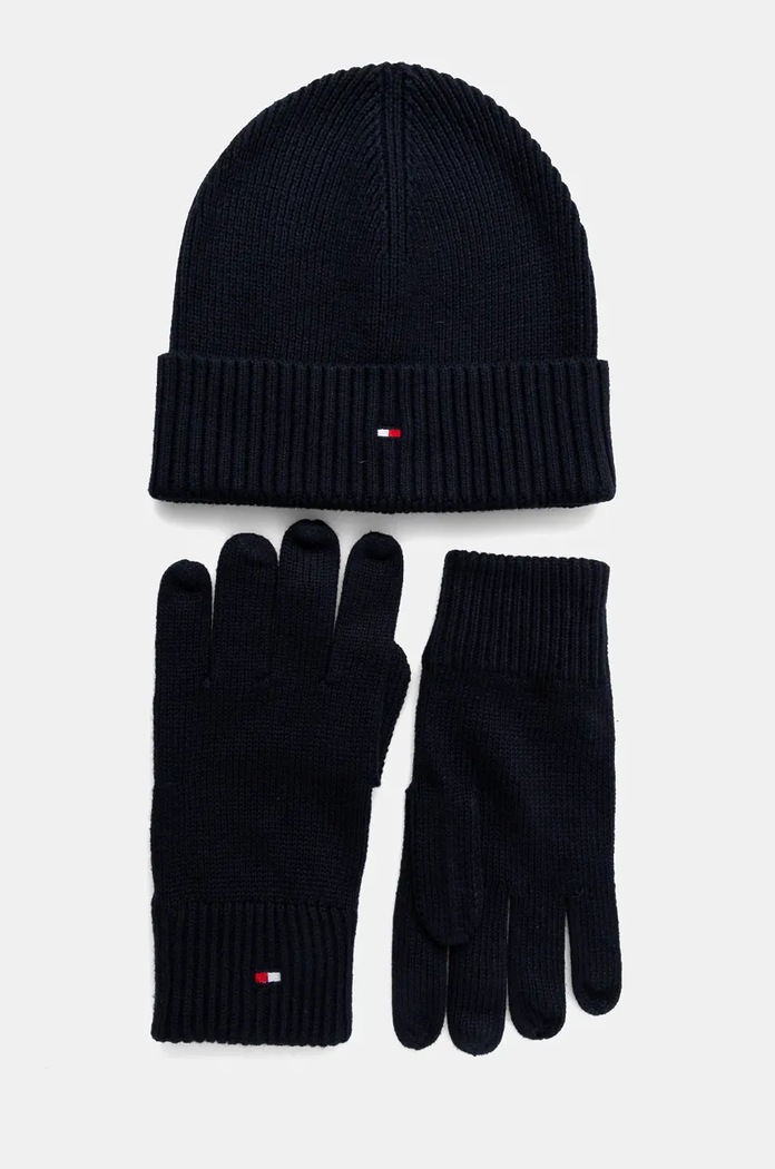 Čepice a rukavice s příměsí kašmíru Tommy Hilfiger s příměsí vlny námořnická modř AM0AM12938