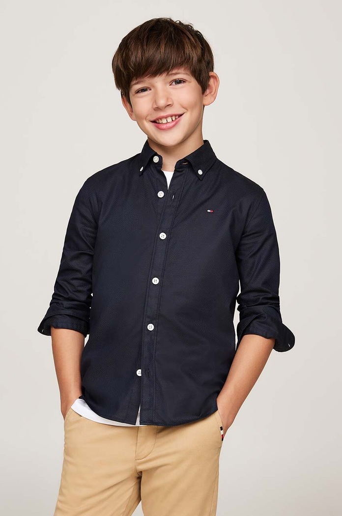 Παιδικό βαμβακερό πουκάμισο Tommy Hilfiger μακρύ σκούρο μπλε KB0KB09262.9BYH.128.176