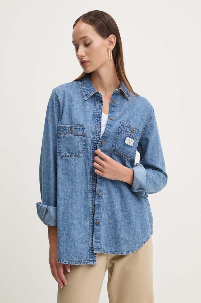 Džínová košile Guess Jeans hladký modrá W4YH37.D5EI2