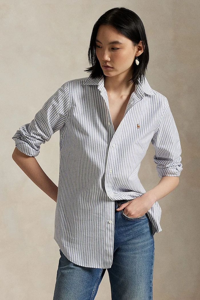 Polo Ralph Lauren πουκάμισο γυναικείο βαμβακερό με ελαστάν μακρύ μπλε 211941508
