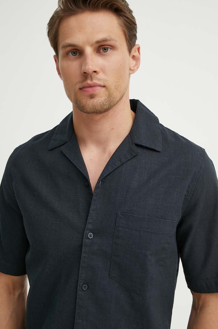 Košulja s dodatkom lana Samsoe Samsoe SAOSCAR M24200074 mornarsko plava