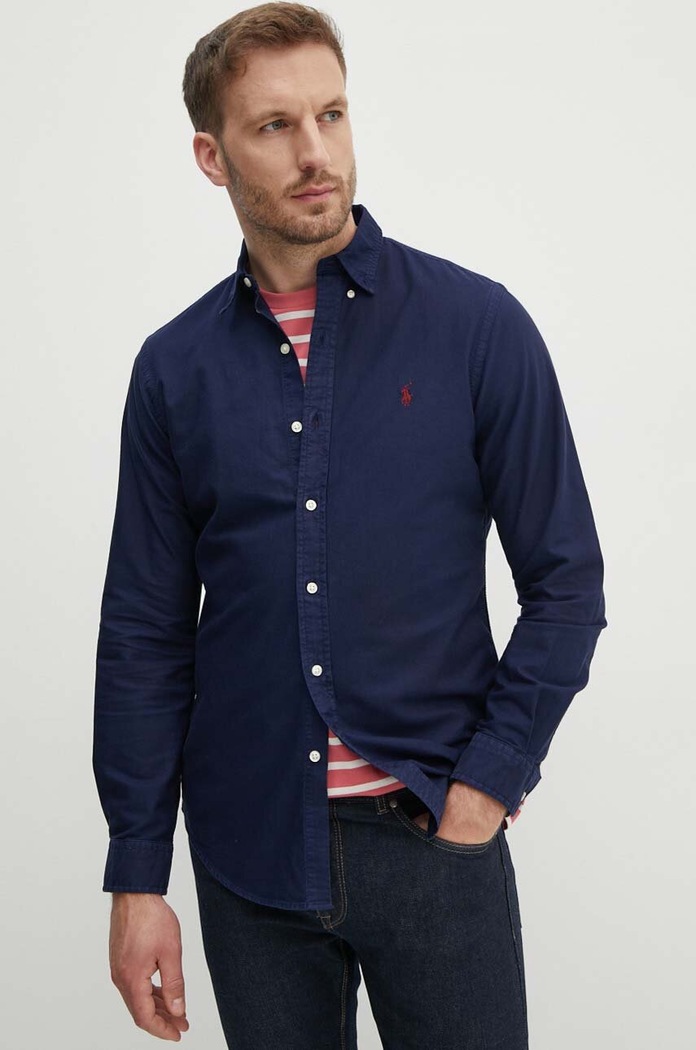Βαμβακερό πουκάμισο Polo Ralph Lauren slim σκούρο μπλε 710767828