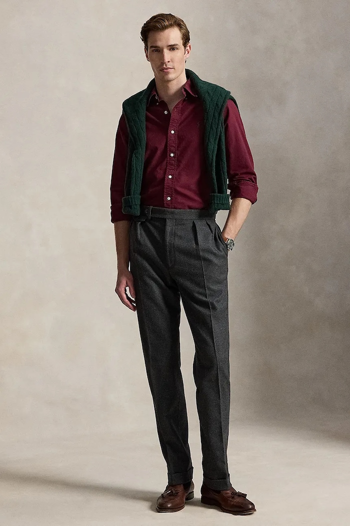 Ρούχα Polo Ralph Lauren Πουκάμισο ανδρικό βαμβακερό 710805564 μπορντό