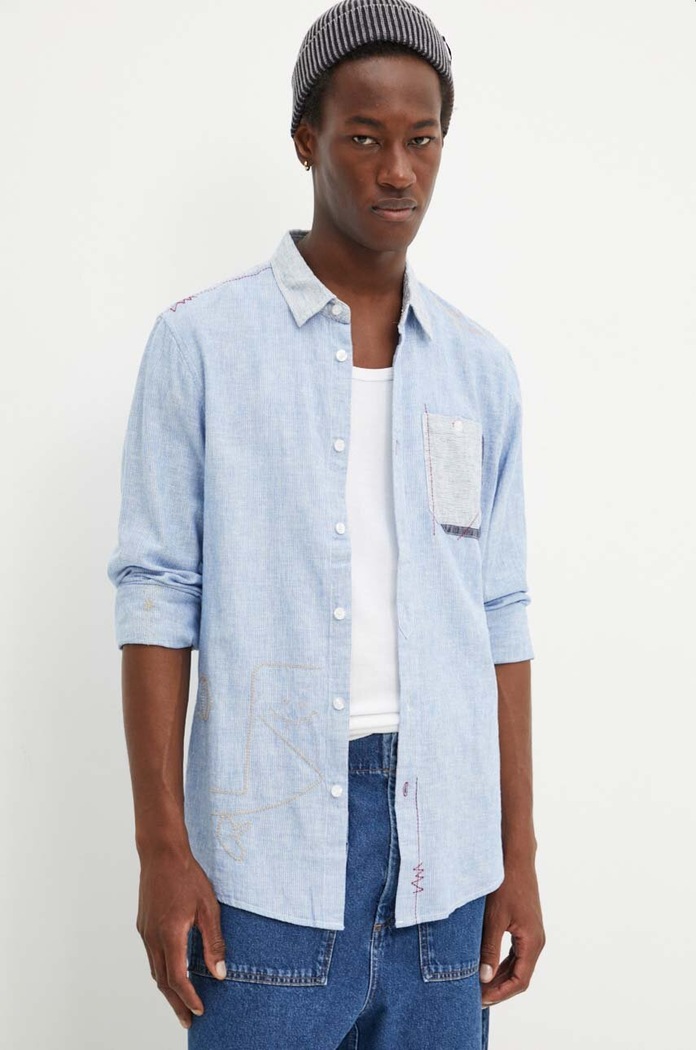 Desigual koszula z domieszką lnu ANDRES regular niebieski 24WMCW15