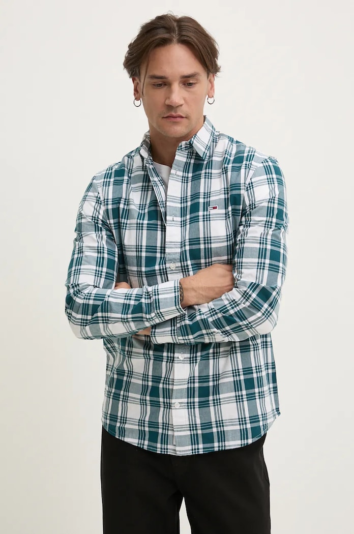 Tommy Jeans Βαμβακερό πουκάμισο Tommy Jeans τιρκουάζ DM0DM19655